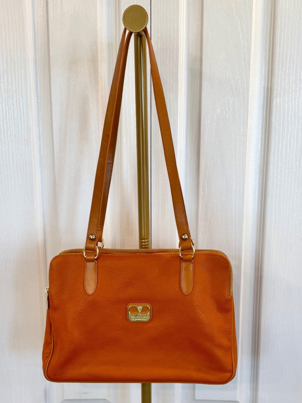 VALENTINA deep Orange Pebbled Leather Tote bag, 6 compartments, Made in Italy